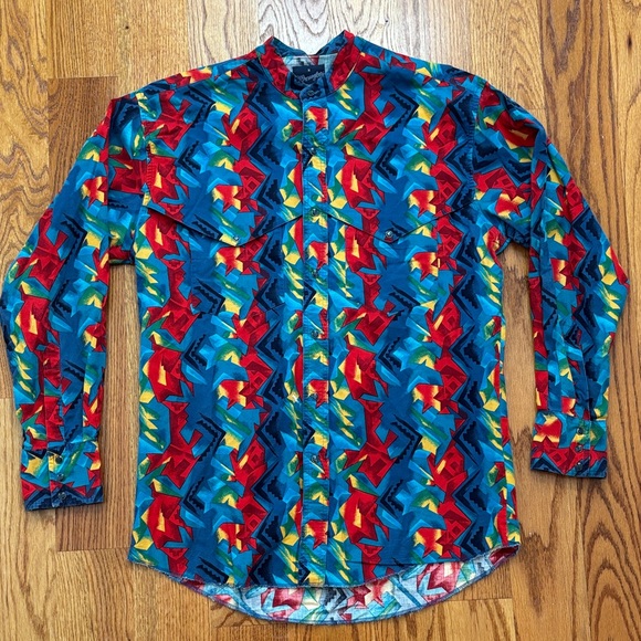 Vintage Wrangler Cowboy Cut Shirt Red Aztec Abstract Pearl Button Men’s Medium